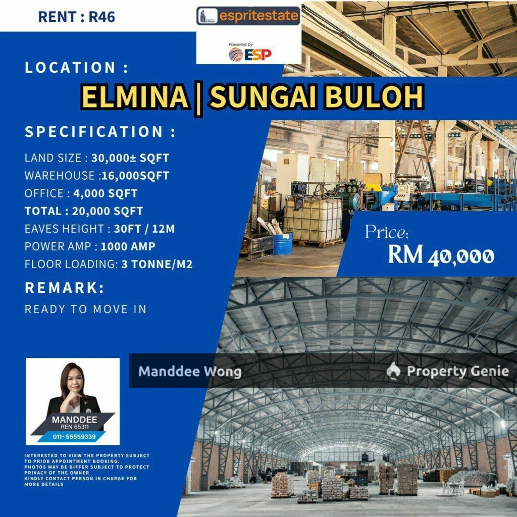 WTR/WAREHOUSE/20,000 SQFT/40K/ELMINA/SUNGAI BULOH