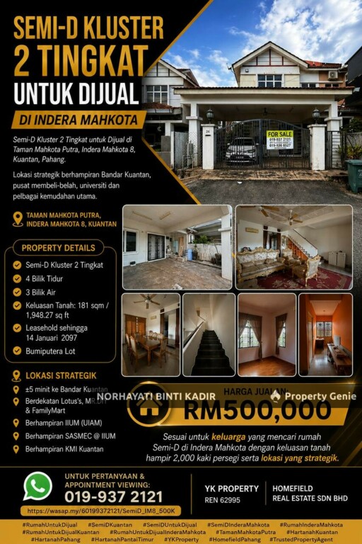 SEMI-D KLUSTER 2 TINGKAT UNTUK DIJUAL DI TAMAN MAHKOTA PUTRA, INDERA MAHKOTA 8, KUANTAN, PAHANG.