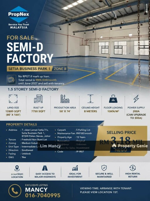 Setia Business Park Gelang Patah Setia Eco Garden Semi Detached Medium Industrial Factory For Sale