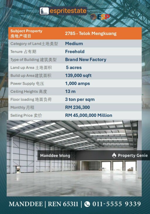 WTS/BRAND NEW FACTORY/139K SQFT/45MIL/TELOK  MENGKUANG/SELANGOR