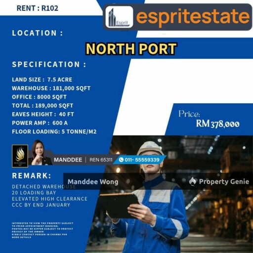 WTR/DETACHED FACTORY & WAREHOUSE/181K SQFT/378K/NORTH PORT/KLANG