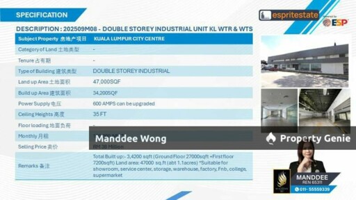WTR/DOUBLE STOREY INDUSTRIAL UNIT/34,200 SQFT/120K/KUALA LUMPUR