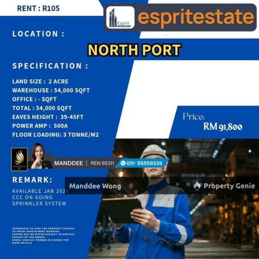 WTR/WAREHOUSE/FACTORY/54K SQFT/91,800/NORTH PORT/KLANG