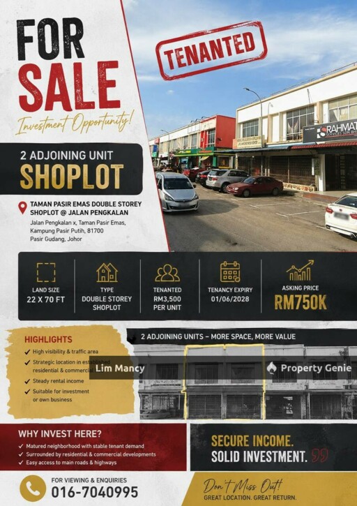 Adjoining Double Storey Shoplot Taman Pasir Emas
