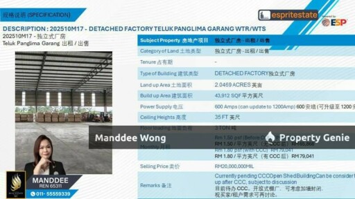 WTR/DETACHED FACTORY/43,912 SQFT/65,868/TELUK PANGLIMA GARANG