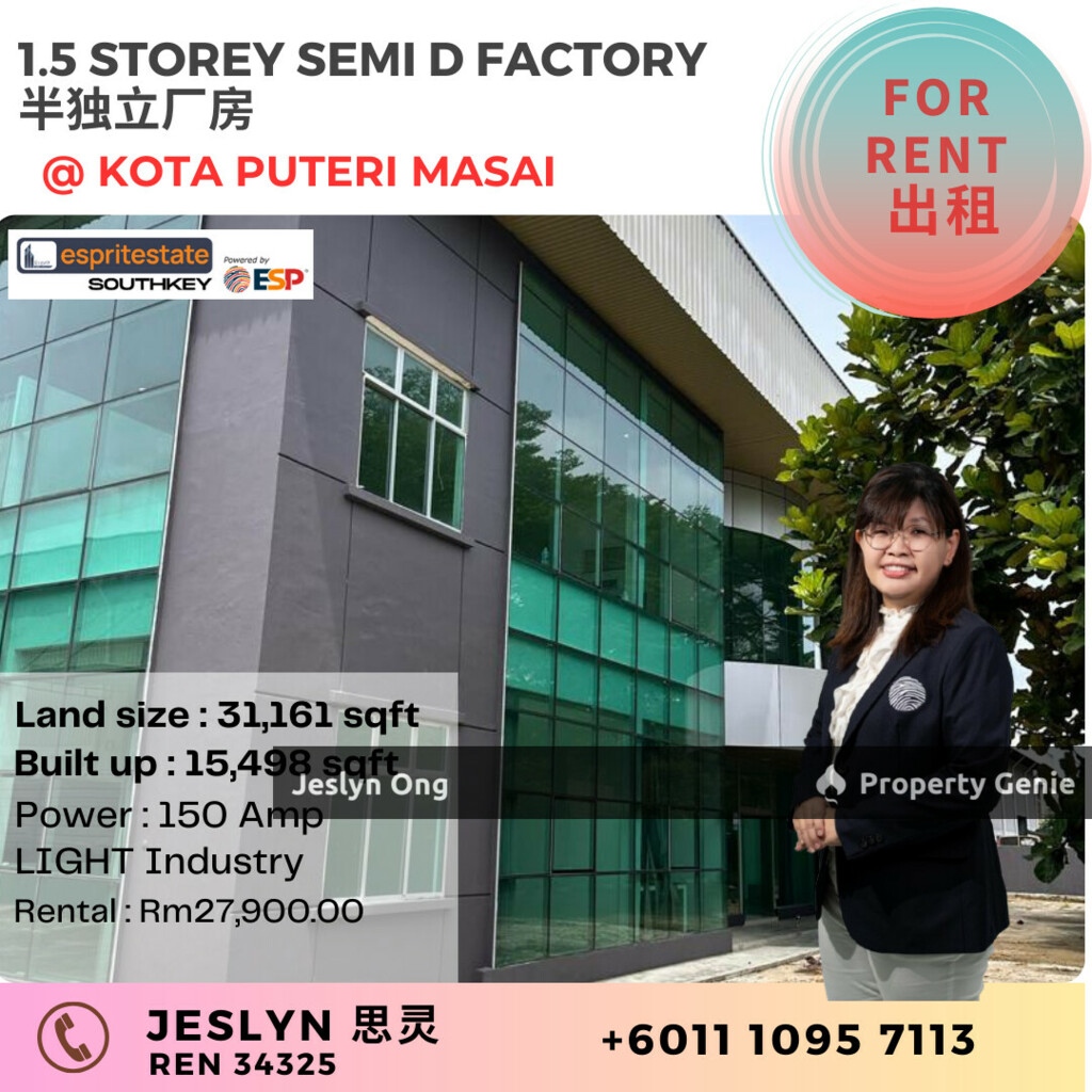 1.5 storey Semi D Factory @ Kota Puteri Masai for Rent