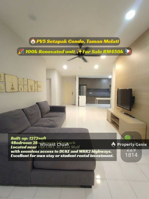 PV5 Setapak Condo Taman Melati For Sale | 1272sqft Renovated RM450k