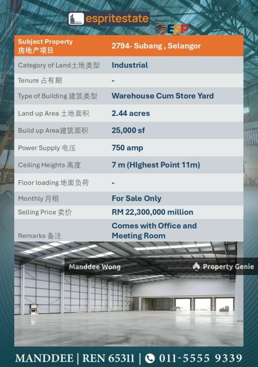 WTS/WAREHOUSE CUM STORE YARD/25K SQFT/22.3MIL/SUBANG JAYA/SELANGOR