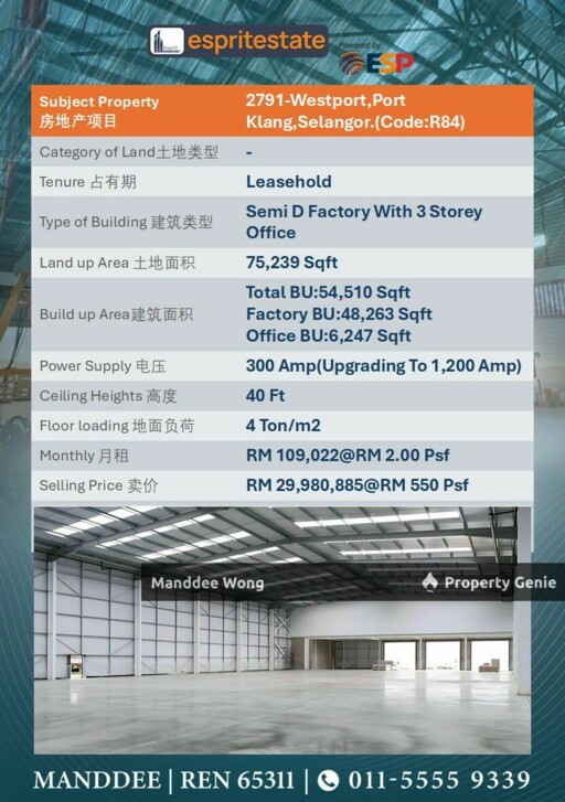 WTS/SEMI-D FACTORY WITH 3 STOREY OFFICE/54,510 SQFT/29,980/PORT KLANG/SELANGOR