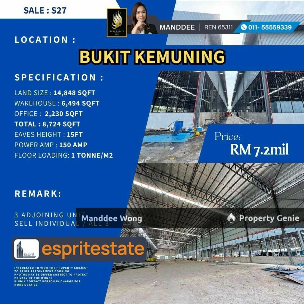WTS/WAREHOUSE/FACTORY/6494 SQFT/7.2 MIL/BUKIT KEMUNING/SHAH ALAM