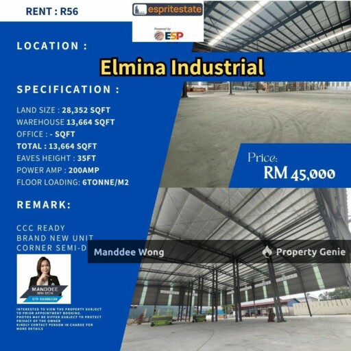 WTR/BRAND NEW UNIT/CORNER SEMI-D/13,664 SQFT/45K/ELMINA INDUSTRIAL/SUNGAI BULOH