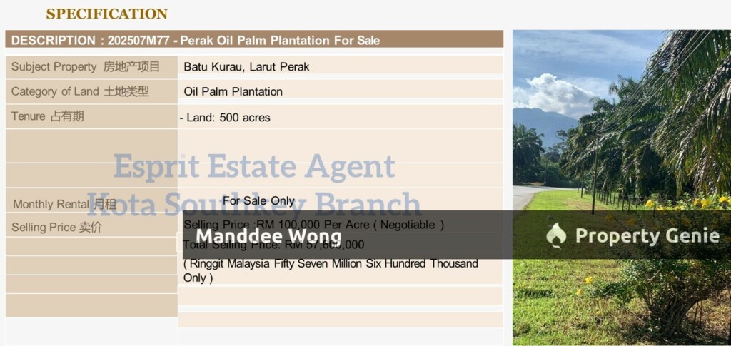 WTS/Batu Kurau, larut Perak/Oil Palm Plantation/500 Acres/57,600 Million