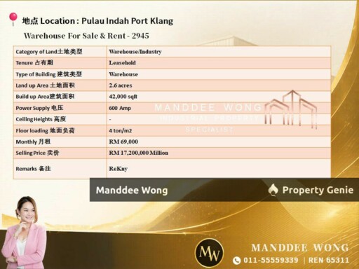 WTR/WAREHOUSE/42K SQFT/69K/PULAU INDAH/PORT KLANG