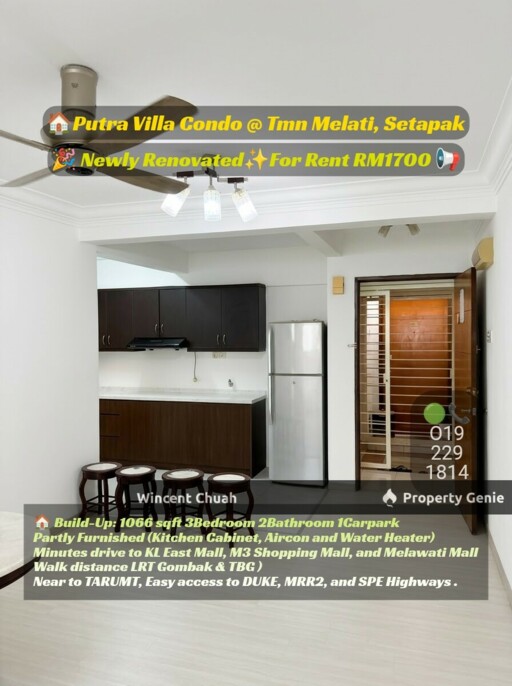 ​Putra Villa Condo Setapak 3R2B Newly Renovated For Rent | Near LRT Gombak & TARUMT (RM1,700)