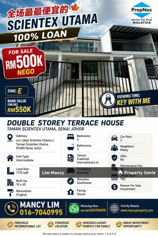 Scientex Utama Double Storey 100% Loan