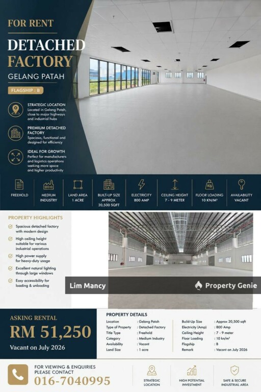 SILC Gelang Patah Medium Industrial Detached Factory For Rent