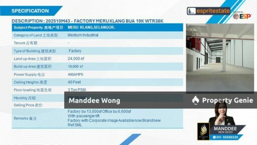 WTR/NEW CORPORATE IMAGE FACTORY/19,600 SQFT/38K/MERU/KLANG