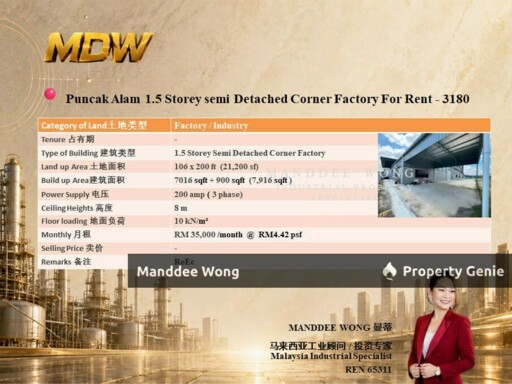 WTR/1.5 STOREY SEMI-D CORNER FACTORY/7,916 SQFT/PUNCAK ALAM/SELANGOR