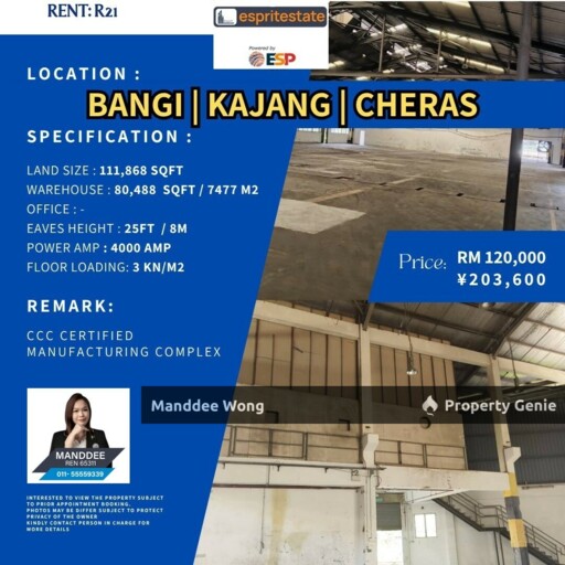 WTR/Manufacturing Complex/Bangi/Kajang/Cheras/80,488 Sqft/120K
