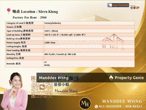 WTR/FACTORY(BRAND NEW)/3.894 SQFT/75,456/MERU/KLANG/SELANGOR
