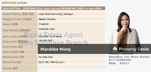 WTS/jalan Bukit Kemuning/Medium Industry/194,564 SQFT/26.27 Million