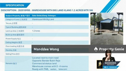 WTR/WAREHOUSE WITH BIG LAND/1.2 ACRE/18,500/BATU BELAH/KLANG