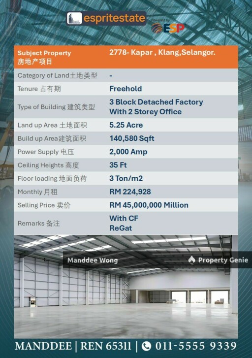 WTS/3 BLOCK DETACHED FACTORY WITH 2 STOREY OFFICE/140,580 SQFT/45MIL/KAPAR/SELANGOR