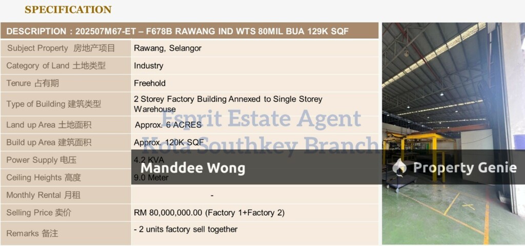 WTS/2 Storey Factory/1st Storey Warehouse/120,000 SQFT/80 Million