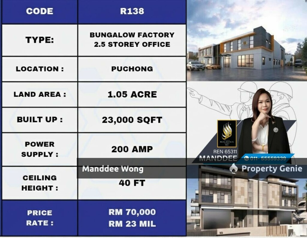 WTS/BUNGALOW FACTORY 2.5 STOREY OFFICE/23K SQFT/23MIL/PUCHONG