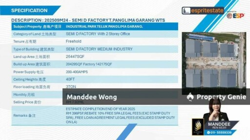 WTS/BRAND NEW SEMI-D FACTORY/20,429 SQFT/7.92 MIL/TELUK PANGLIMA GARANG