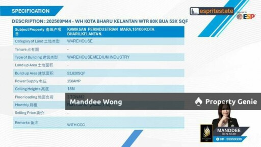 WTR/WAREHOUSE/53,820 SQFT/80,730/PERINDUSTRIAN MARA/KOTA BHARU/KELANTAN