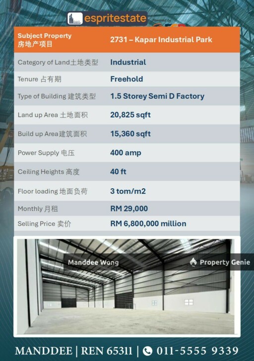 WTS/1.5 STOREY SEMI-D FACTORY/15,360 SQFT/6.8MIL/KAPAR INDUSTRIAL PARK/SELANGOR