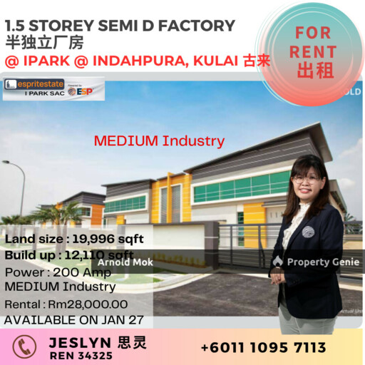 iPark Indahpura Kulai - 1.5 Storey Semi Detached Factory for Rent