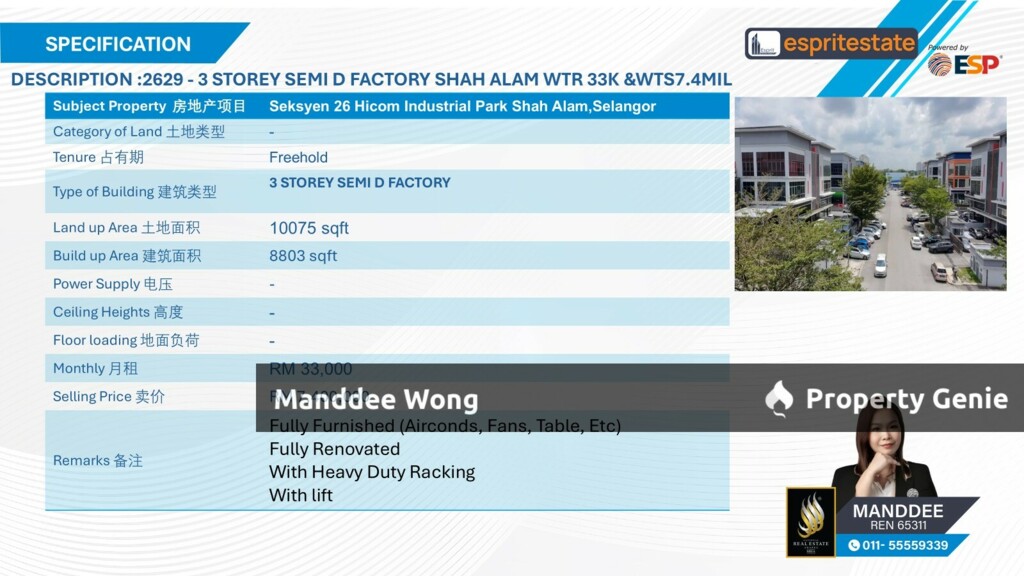 WTS/3 STOREY SEMI-D FACTORY/8,803 SQFT/7.4MIL/SEKSYEN 26, HICOM/SHAH ALAM