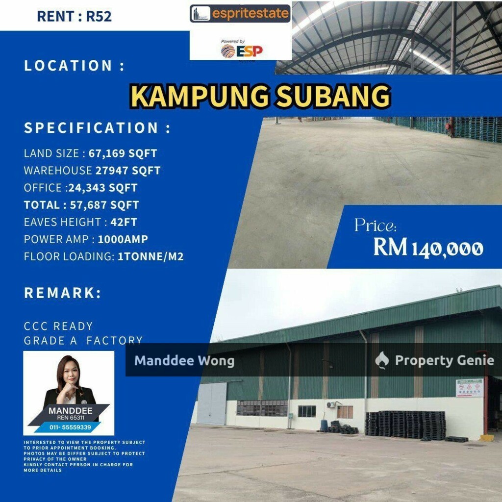 WTR/WAREHOUSE/57,687 SQFT/140K/KAMPUNG SUBANG/SHAH ALAM