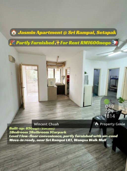 (1St Floor)Jasmin Apartment, Sri Rampai Setapak 3BR2B 1CP | Party Furnished
