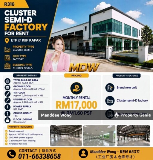 WTR/BRAND NEW CLUSTER SEMI DETACHED FACTORY/10,296 SQFT/ETP@KIIP KAPAR/SELANGOR