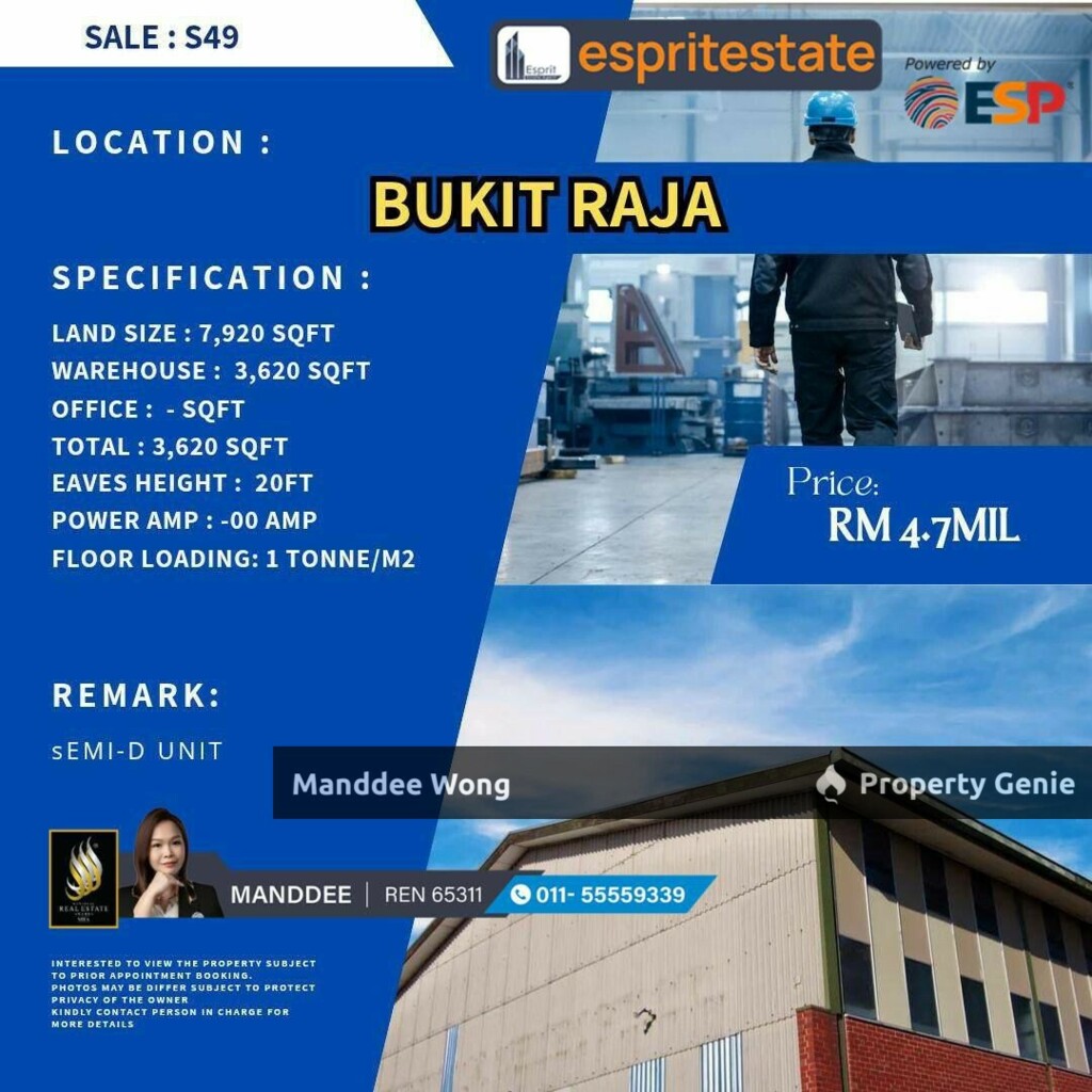 WTS/SEMI-D WAREHOUSE/FACTORY/3,620 SQFT/4.7 MIL/BUKIT RAJA/KLANG