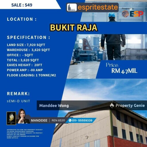 WTS/SEMI-D WAREHOUSE/FACTORY/3,620 SQFT/4.7 MIL/BUKIT RAJA/KLANG