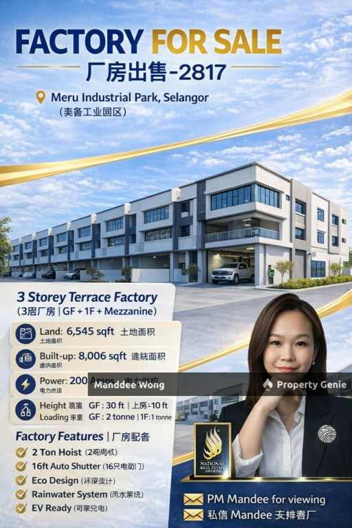 WTS/3 STOREY TERRACE FACTORY/8,006 SQFT/4.6MIL/MERU INDUSTRIAL PARK/SELANGOR