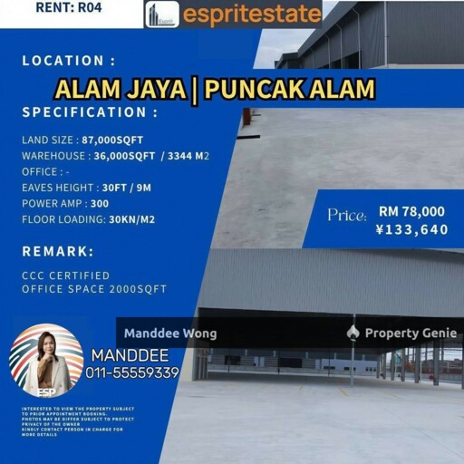 Warehouse Puncak Alam For Rent/87,000 sqft/RM78,000