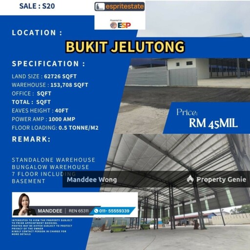 WTS/Bungalow Warehouse/Bukit Jelutong/153,708 Sqft/45 Million
