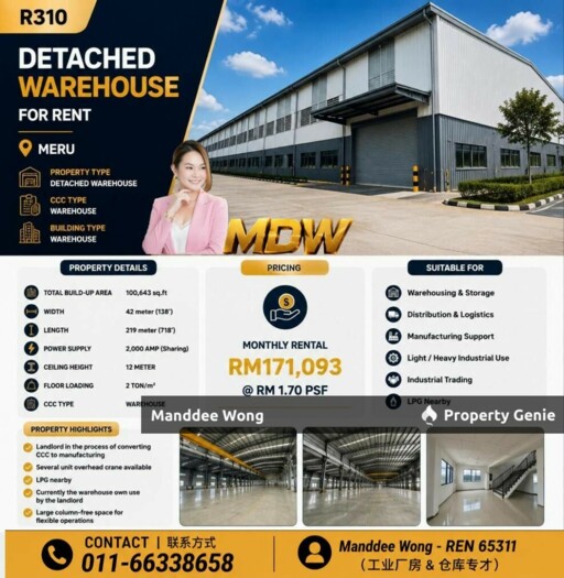 WTR/DETACHED WAREHOUSE/100,643 SQFT/MERU/KLANG/SELANGOR