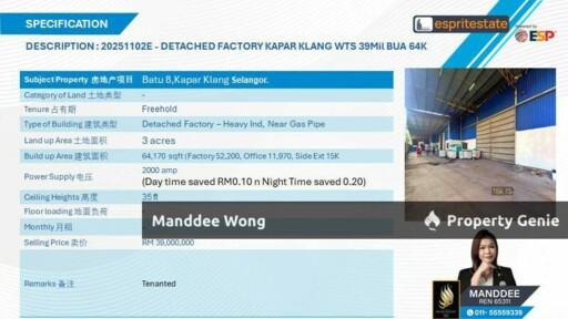 WTS/DETACHED FACTORY/64,170 SQFT/39MIL/KAPAR/KLANG