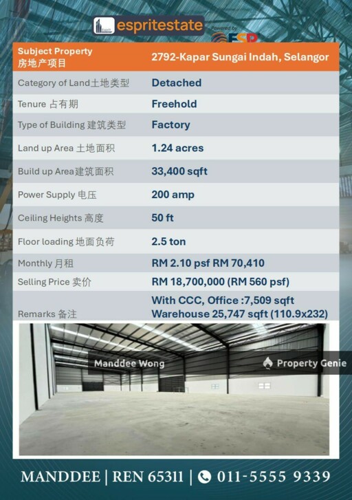 WTS/DETACHED FACTORY/33,400 SQFT/18.7MIL/KAPAR SUNGAI INDAH/SELANGOR