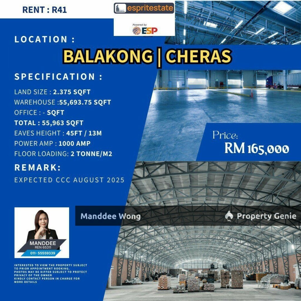 WTR/WAREHOUSE/55,963 SQFT/165K/BALAKONG/CHERAS