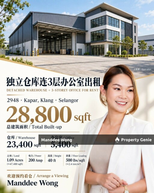 WTR/DETACHED WAREHOUSE WITH 3 STOREY OFFICE/28,800 SQFT/KAPAR/KLANG/SELANGOR