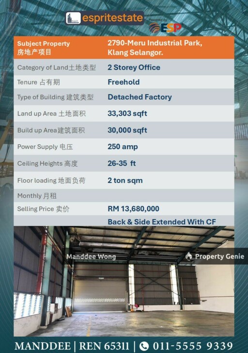 WTS/DETACHED FACTORY WITH 2 STOREY OFFICE/30K SQFT/13.680MIL/MERU/KLANG