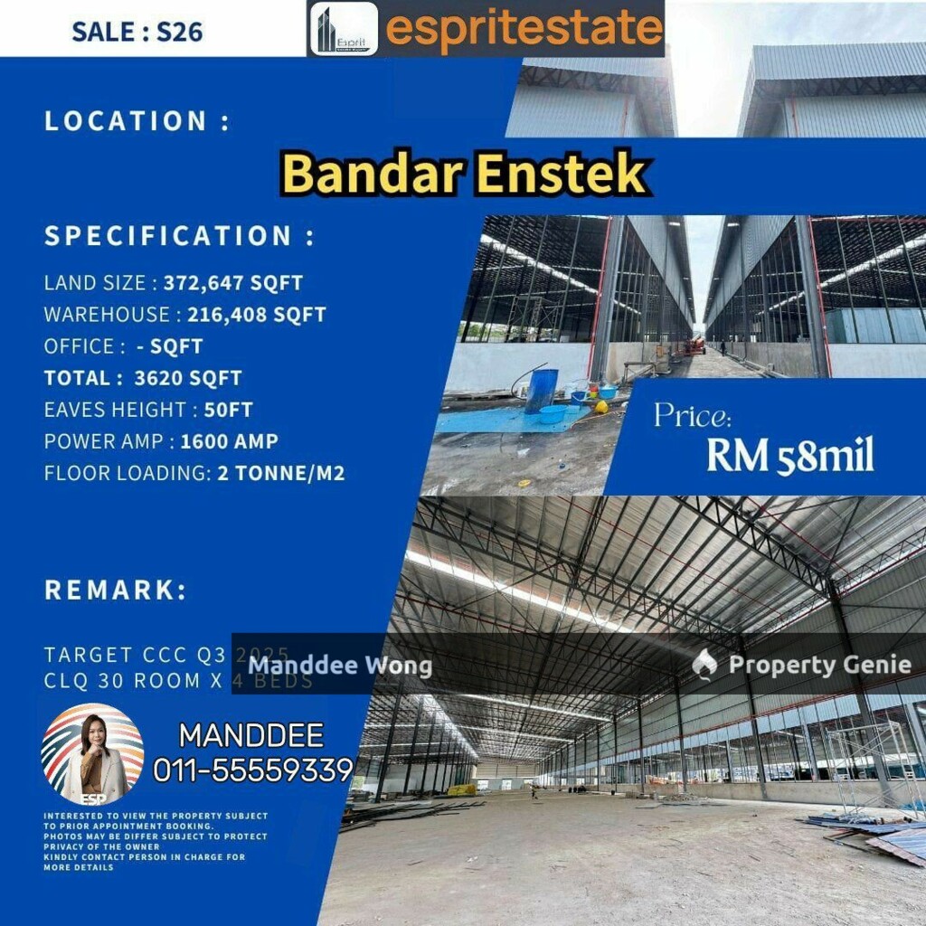 WTS/MANUFACTURING/LOGISTIC/216,409 SQFT/58 MIL/BANDAR ENSTEK, SEREMBAN/NEGERI SEMBILAN