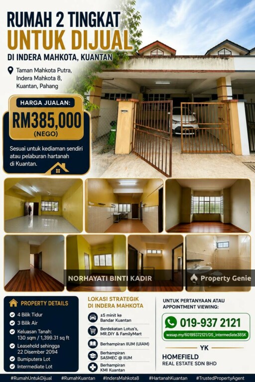 RUMAH 2 TINGKAT UNTUK DIJUAL DI INDERA MAHKOTA, KUANTAN